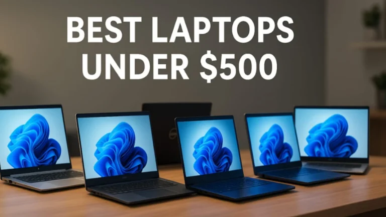 Five budget laptops under $500 displayed on a wooden desk – HP, Acer, Dell, ASUS models with glowing screens in a light modern workspace.