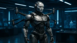 A futuristic humanoid robot with drone-style propellers standing inside a modern U.S. tech laboratory, designed for walking and flying.