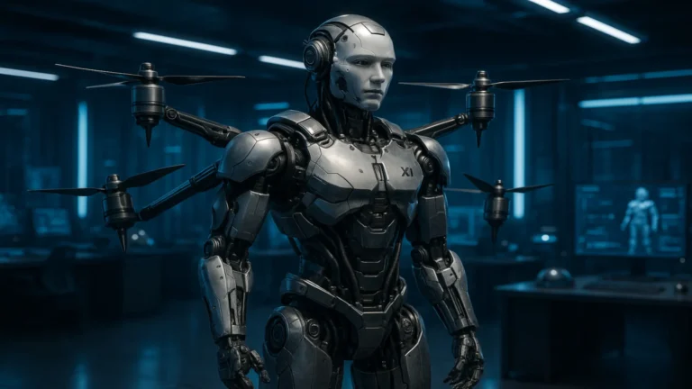 A futuristic humanoid robot with drone-style propellers standing inside a modern U.S. tech laboratory, designed for walking and flying.