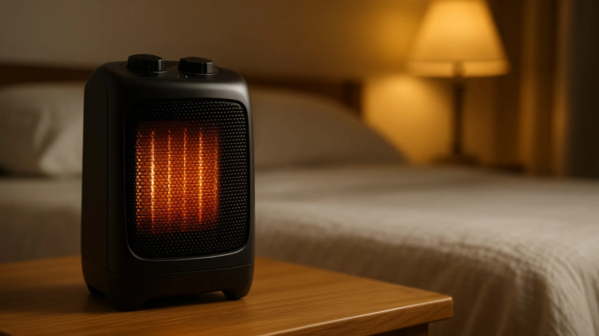 A compact black ceramic space heater on a wooden bedside table in a cozy USA bedroom, showing warm orange heating glow.