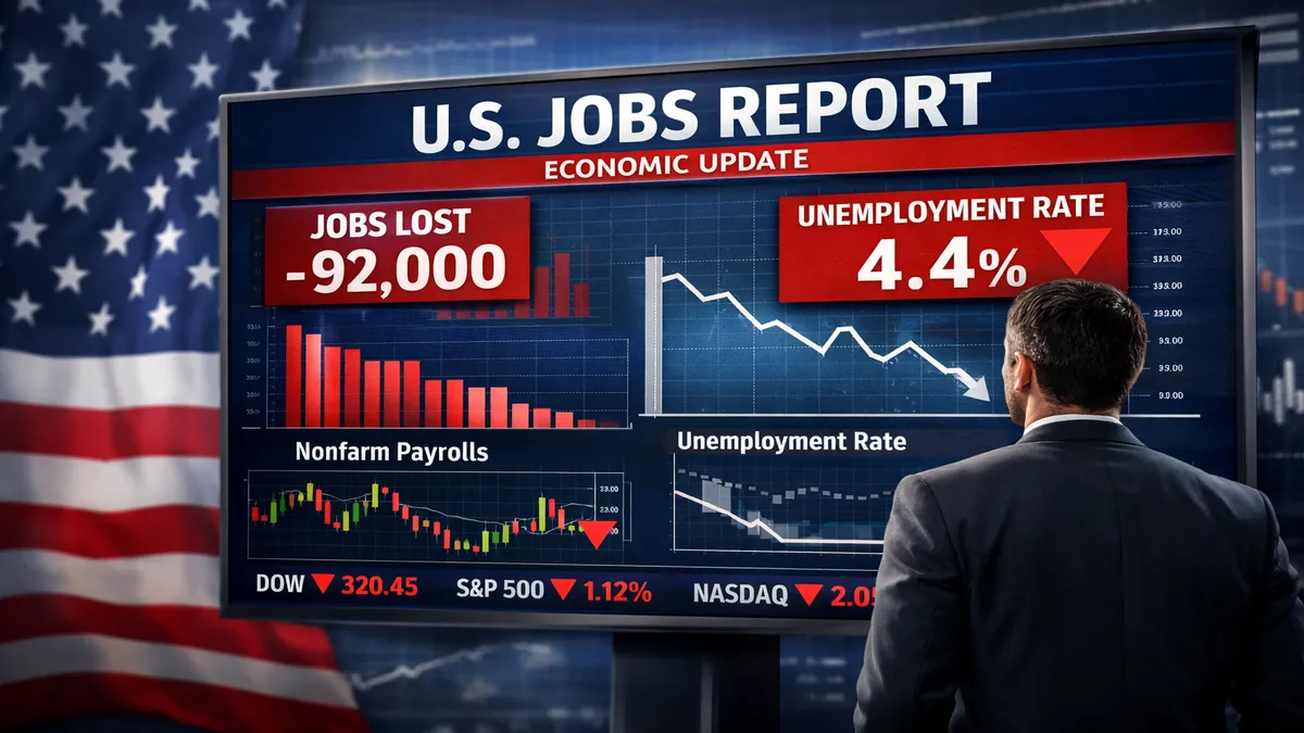 US jobs report showing unemployment rate and job loss data with American flag background